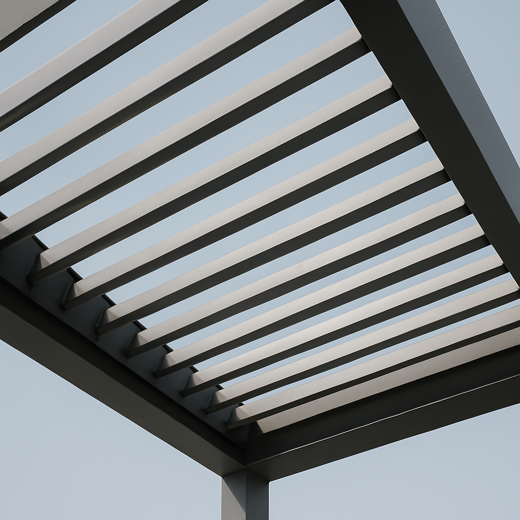 Close-up of rotating aluminium louvers filtering sunlight